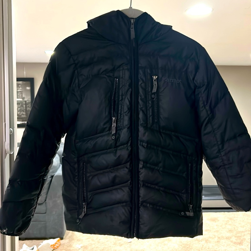 Marmot Boys Black Duck Down Zippered Hooded Winter Puffer Jacket 700 Fill